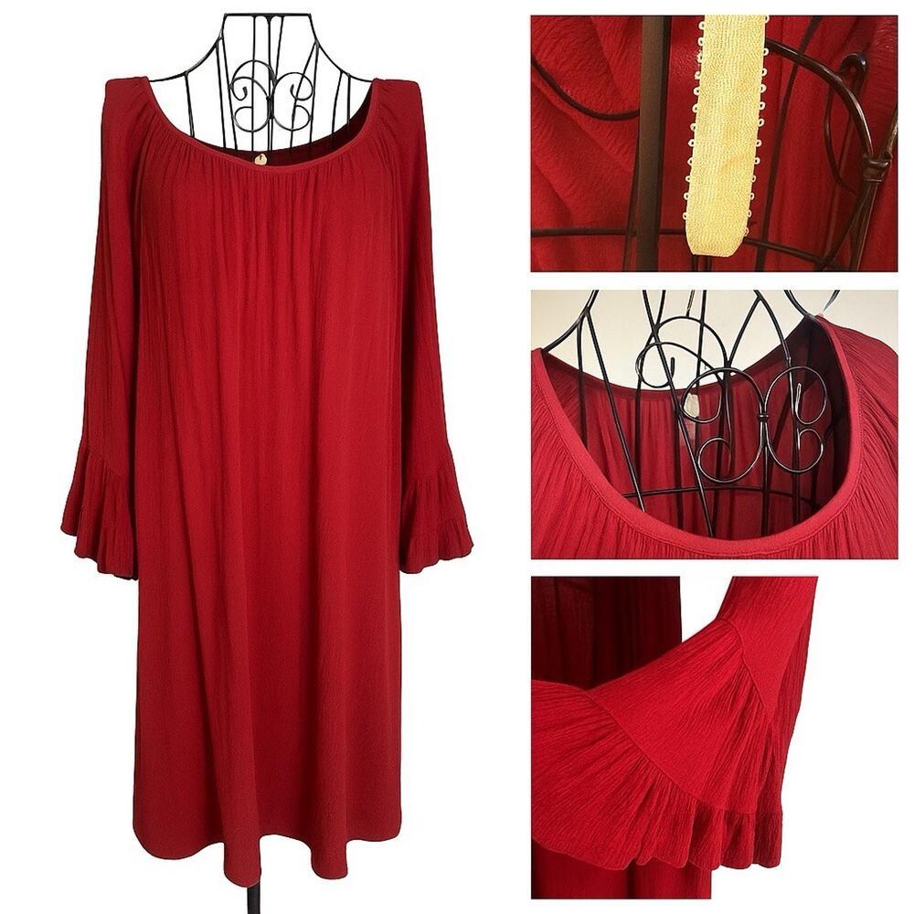 Uncle Frank Ivy Jane Red Rayon Crinkle Dress Size L Ruffle Bell Sleeve Peasant